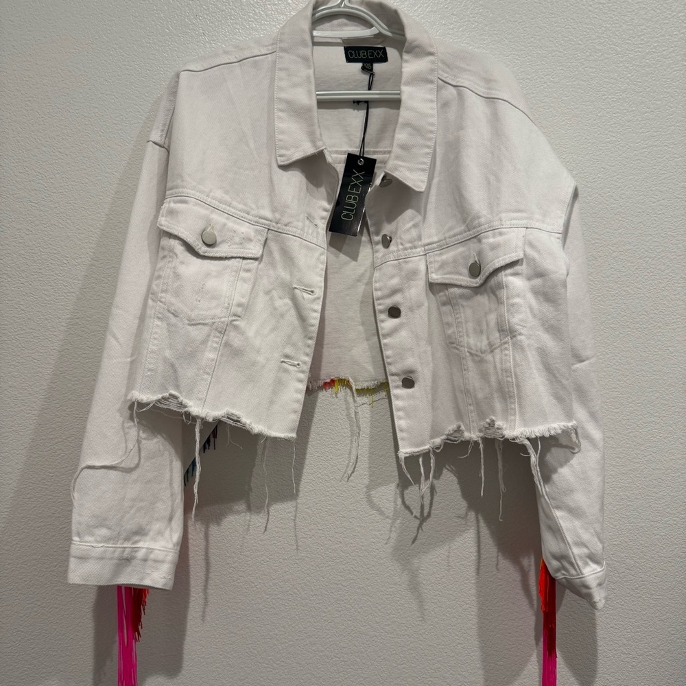 Dolls Kill Club Exx Rainbow Fringe Cropped‎ Distressed Denim Jacket Size XXL - Picture 2 of 9